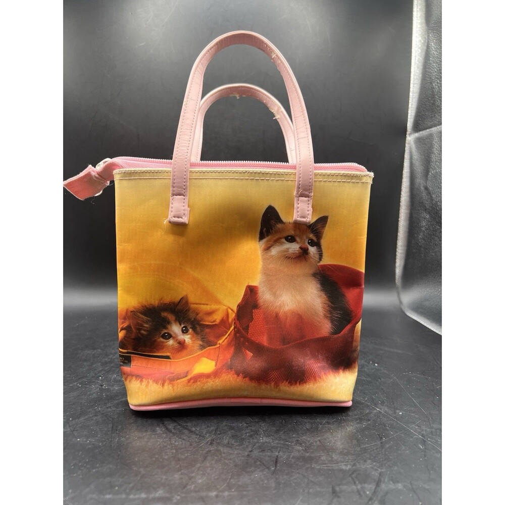 Vintage Kitten Cat Print Mini Handbag Pink Zip Tote Purse Novelty Bag